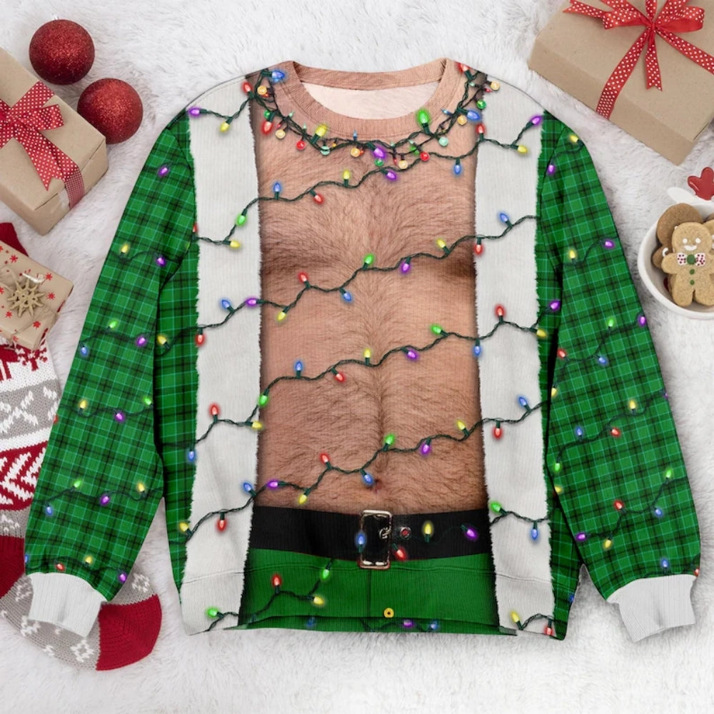 Hairy Chest Santa Xmas Light 3D Sweatshirt For Men, Funny Christmas Sweatshirt 2D1055