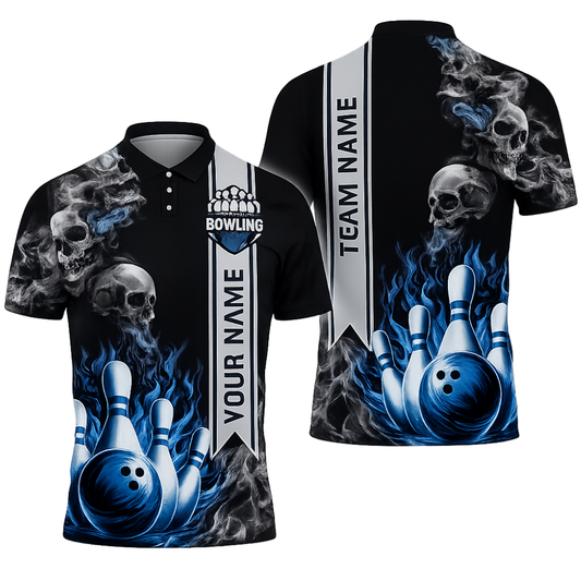 Custom Skull Blue Flame Men's Bowling Polo Shirt, Custom Skull Bowling Shirts For Team BZ0466