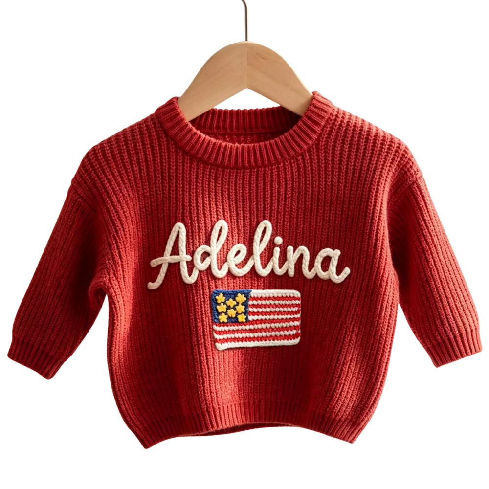 American Flag Custom Name Baby Embroidered Knit Sweater, Custom Patriotic Baby Sweatshirt BB0801