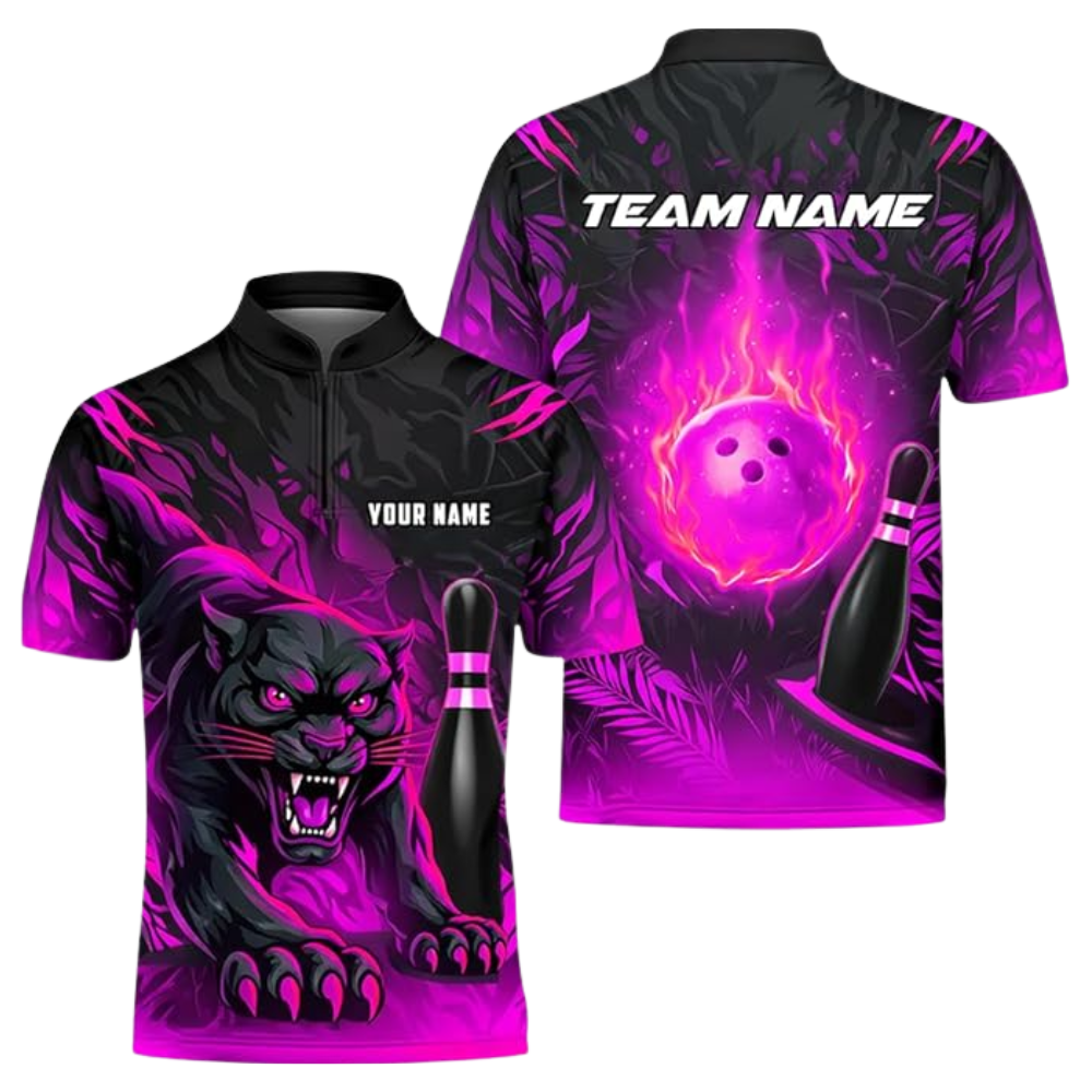 Custom Panther Flaming Ball Bowling Jersey For Men, Custom Panther Team Bowling Shirts BZ0454