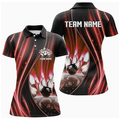Custom Team Black And Pink Lightning Bowling Polo Shirt For Ladies, Custom Bowling Shirt For Women BZ0488