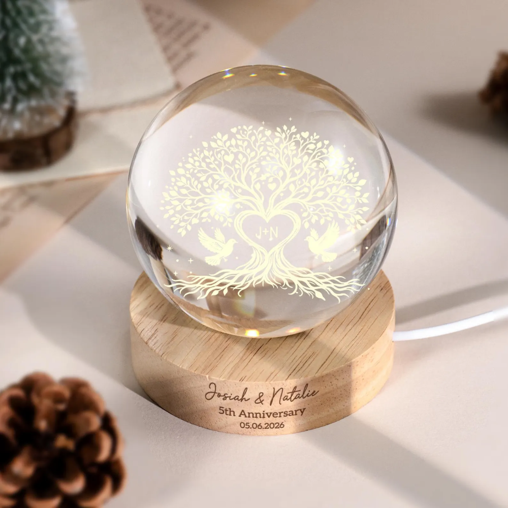Personalized Tree 5th Anniversary Wedding Crystal Ball Led Night Light, Custom 5 Years Anniversary Night Light WD0829