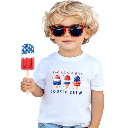 Red White And Blue American Flag Ice Cream Cousin Crew Custom Name Matching T Shirts, Personalized 4th Of July Matching Cousin Shirts ET0792