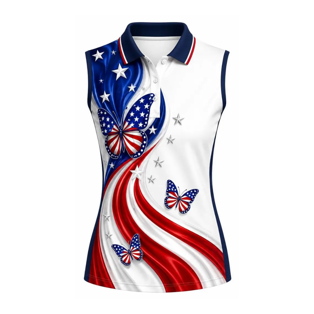 Butterfly USA Flag Women's Sleeveless Golf Shirt, Fourth Of July Butterfly Golf Shirt Womens GE0528