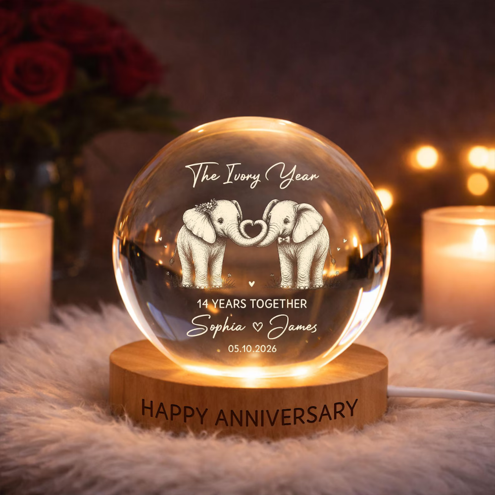 14 Years Together Custom Elephant Couple Crystal Ball Led Night Light, Custom 14th Wedding Night Light WD0902
