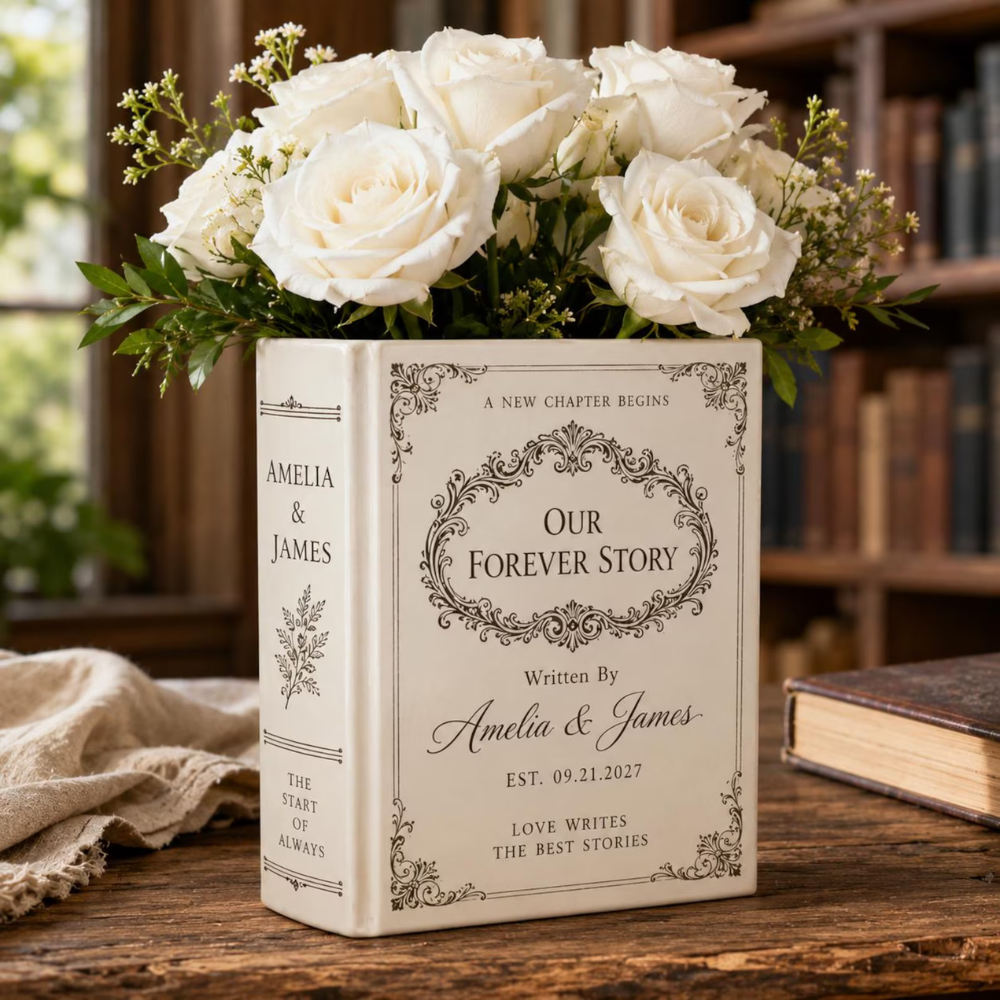 Our Forever Story Custom Couple Name Wedding Ceramic Book Vase, Custom Book Lover Wedding Vase WD0556