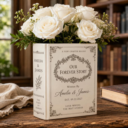 Our Forever Story Custom Couple Name Wedding Ceramic Book Vase, Custom Book Lover Wedding Vase WD0556