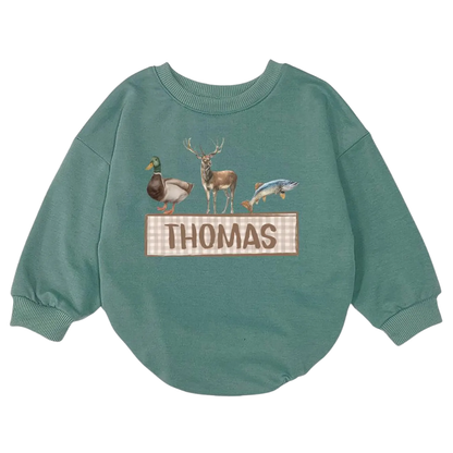 Personalized Mallard Duck Deer Fish Baby Romper Sweatshirt, Personalized Hunting Romper Sweatshirt For Baby BB0152