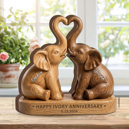 Custom Elephants Couple Wooden Block, Personalized Ivory Wedding Anniversary Keepsake Wooden Plaque WD0788