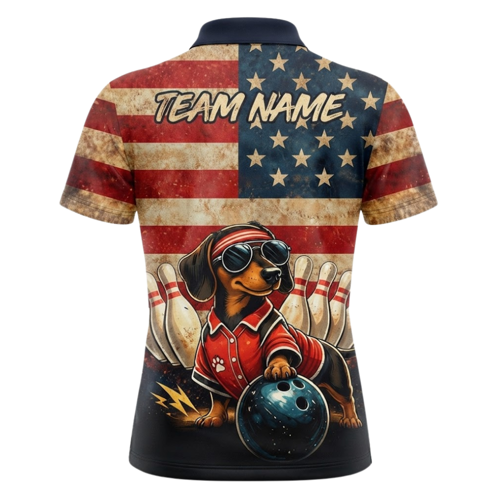Dachshund Vintage American Flag Custom Mens Bowling Polo Shirt, Custom Dachshund Bowling Team Shirts BZ0539