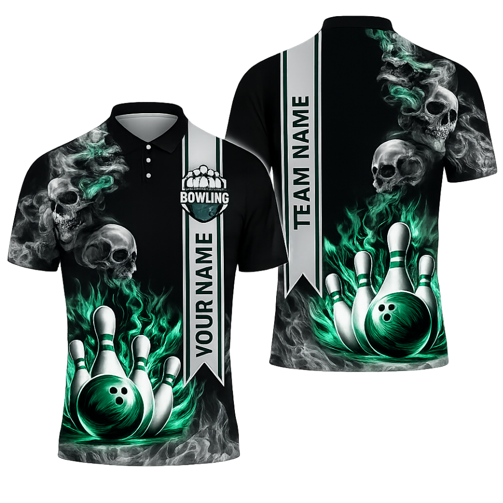 Custom Skull Blue Flame Men's Bowling Polo Shirt, Custom Skull Bowling Shirts For Team BZ0466