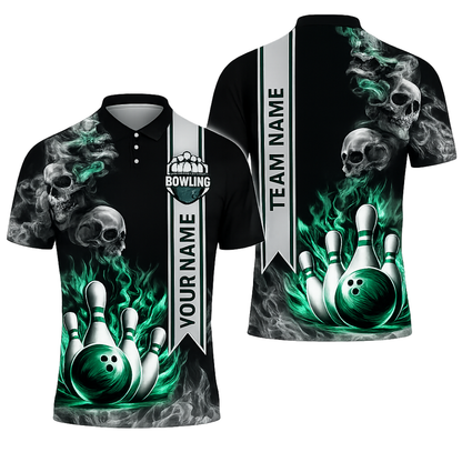 Custom Skull Blue Flame Men's Bowling Polo Shirt, Custom Skull Bowling Shirts For Team BZ0466
