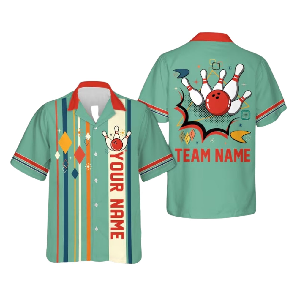 Custom Retro Atomic Bowling Hawaiian Shirt For Men, Custom Retro Bowling Team Shirts BE0126