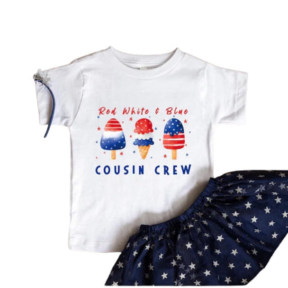 Red White And Blue American Flag Ice Cream Cousin Crew Custom Name Matching T Shirts, Personalized 4th Of July Matching Cousin Shirts ET0792