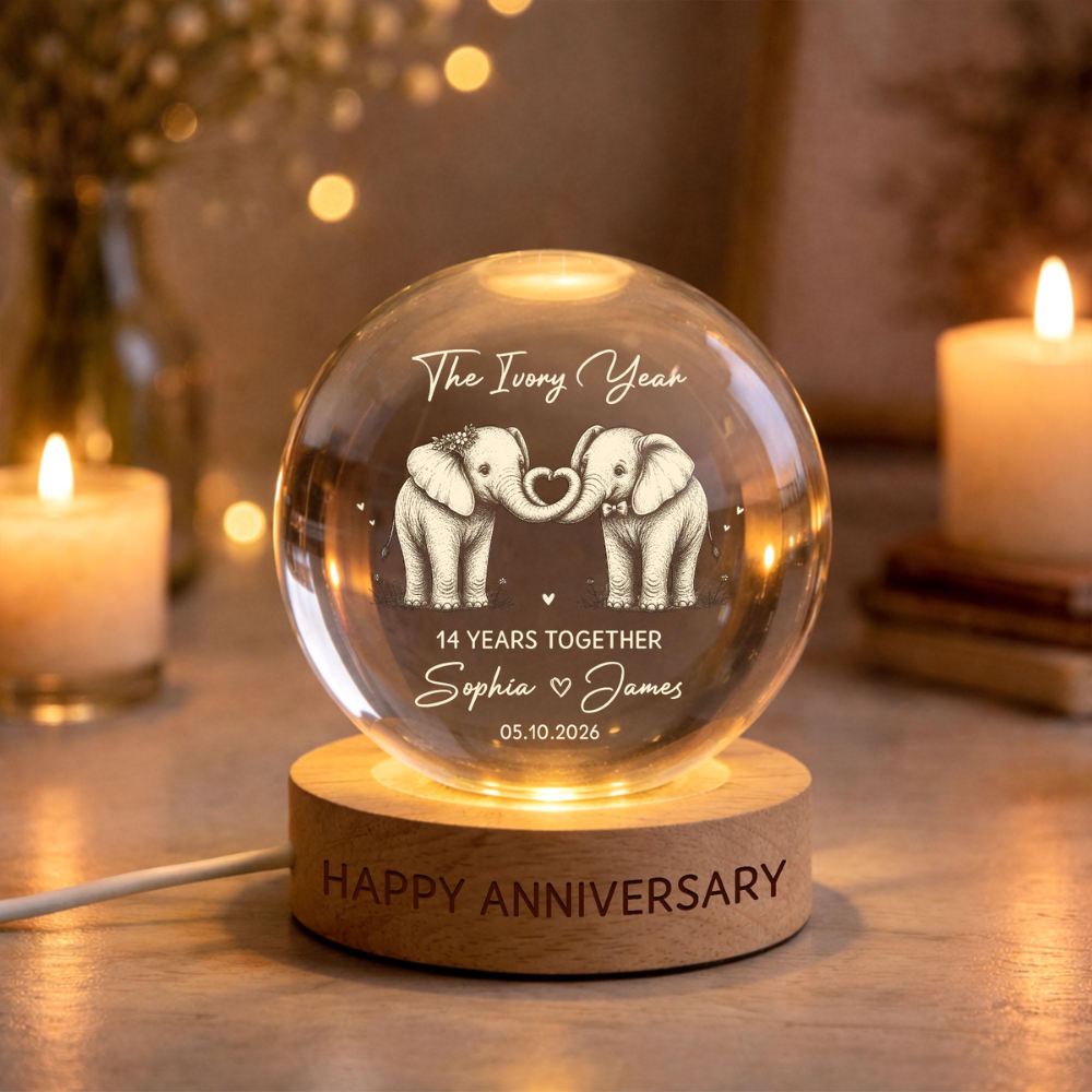 14 Years Together Custom Elephant Couple Crystal Ball Led Night Light, Custom 14th Wedding Night Light WD0902
