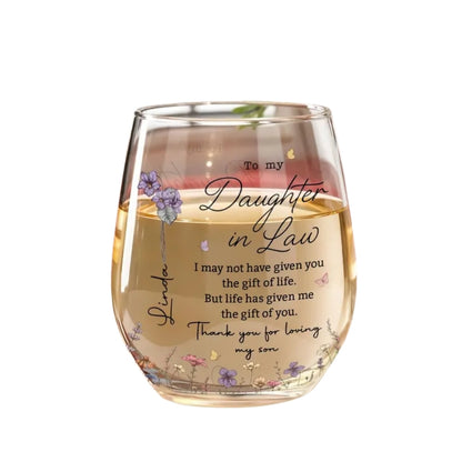 To My Daughter In Law Custom Birth Month Flower Wine Glass, Custom Future Daughter Glass From Mother Of The Groom WD0348