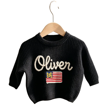 American Flag Custom Name Baby Embroidered Knit Sweater, Custom Patriotic Baby Sweatshirt BB0801
