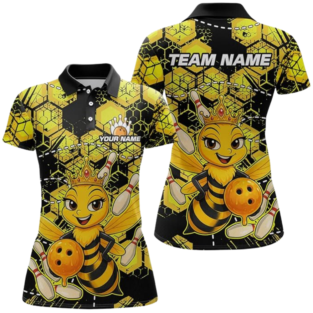 Custom Funny Bee Women's Bowling Polo Shirt, Black And Yellow Custom Bee Bowling Team Shirts BZ0540