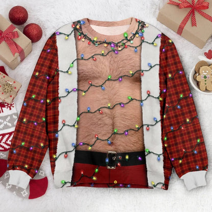 Hairy Chest Santa Xmas Light 3D Sweatshirt For Men, Funny Christmas Sweatshirt 2D1055