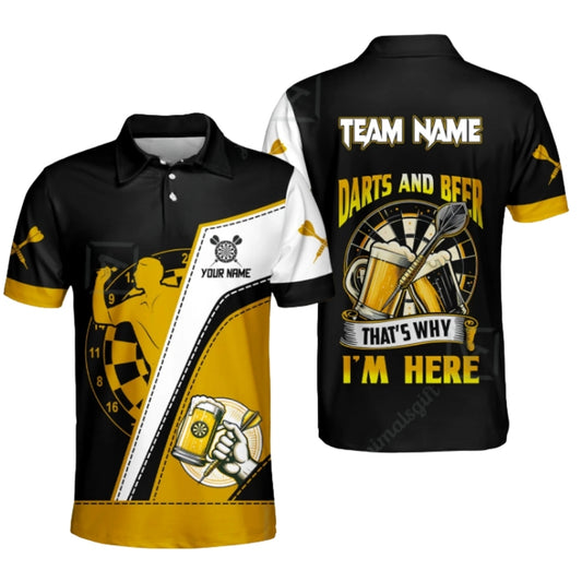Darts And Beer That's Why I'm Here Custom Black Yellow Dart Polo Shirt Mens, Custom Beer Darts Team Shirts DZ0093