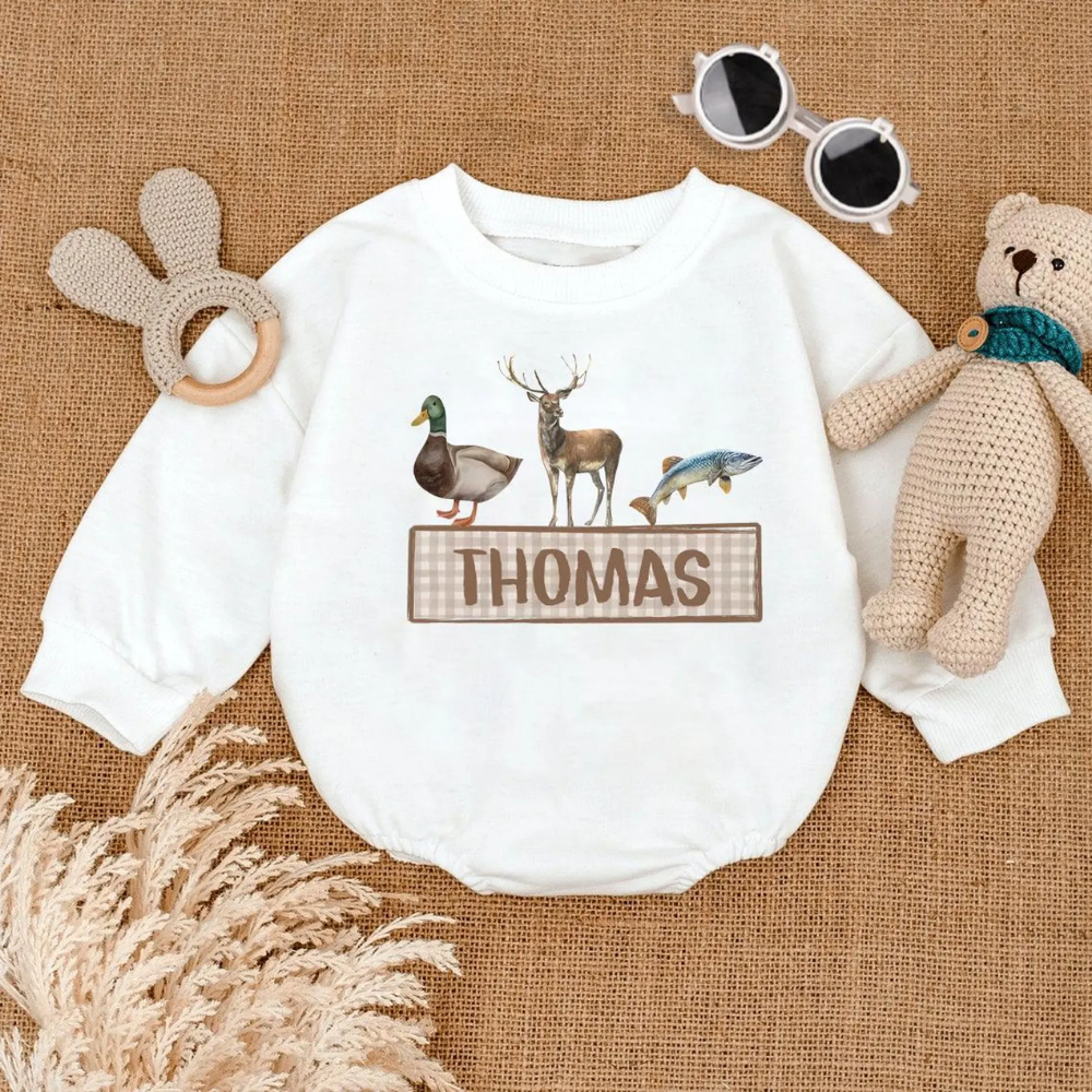 Personalized Mallard Duck Deer Fish Baby Romper Sweatshirt, Personalized Hunting Romper Sweatshirt For Baby BB0152