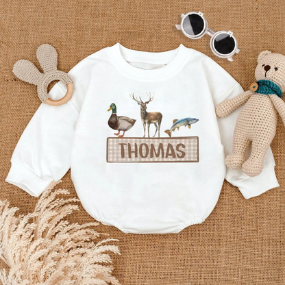 Personalized Mallard Duck Deer Fish Baby Romper Sweatshirt, Personalized Hunting Romper Sweatshirt For Baby BB0152
