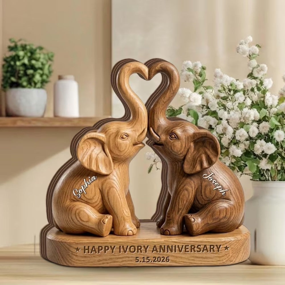 Custom Elephants Couple Wooden Block, Personalized Ivory Wedding Anniversary Keepsake Wooden Plaque WD0788
