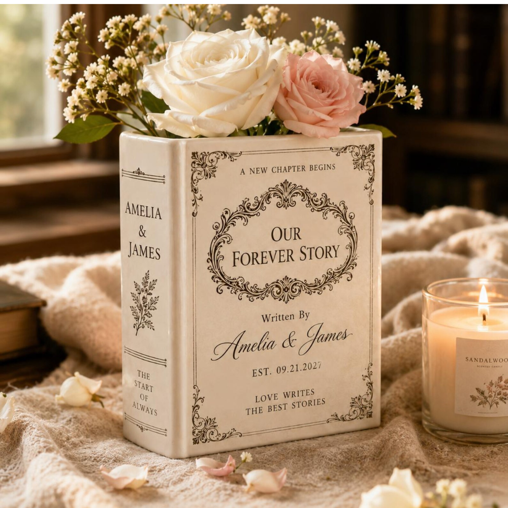 Our Forever Story Custom Couple Name Wedding Ceramic Book Vase, Custom Book Lover Wedding Vase WD0556