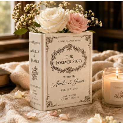 Our Forever Story Custom Couple Name Wedding Ceramic Book Vase, Custom Book Lover Wedding Vase WD0556