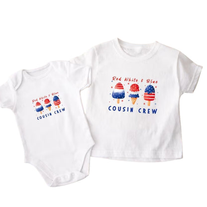 Red White And Blue American Flag Ice Cream Cousin Crew Custom Name Matching T Shirts, Personalized 4th Of July Matching Cousin Shirts ET0792