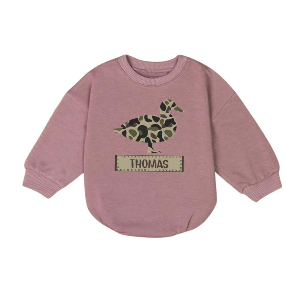Personalized Camo Duck Baby Romper Sweatshirt, Baby's Duck Lover Romper Sweatshirt BB0232