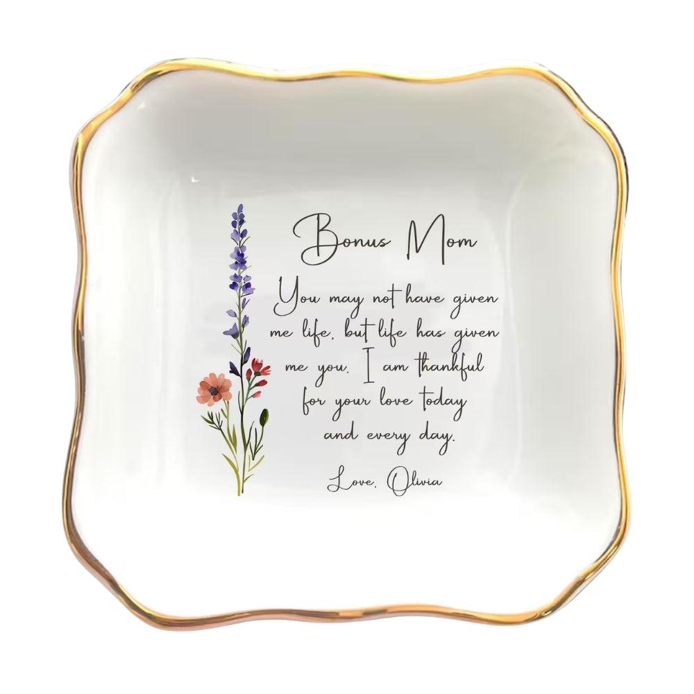 Personalized Bonus Mom Birth Month Flower Ring Dish, Custom Wedding Jewelry Dish For Bonus Mom WD0311
