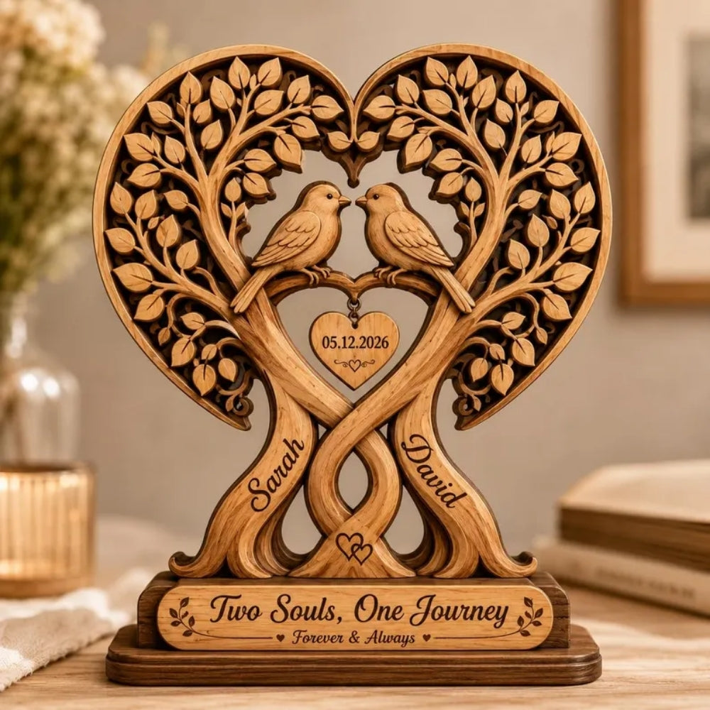 Two Souls One Journey Custom Tree Heart Layer Wooden Block For Couple, Custom Wedding Keepsake Wooden Plaque WD0954
