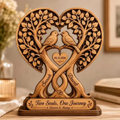 Two Souls One Journey Custom Tree Heart Layer Wooden Block For Couple, Custom Wedding Keepsake Wooden Plaque WD0954