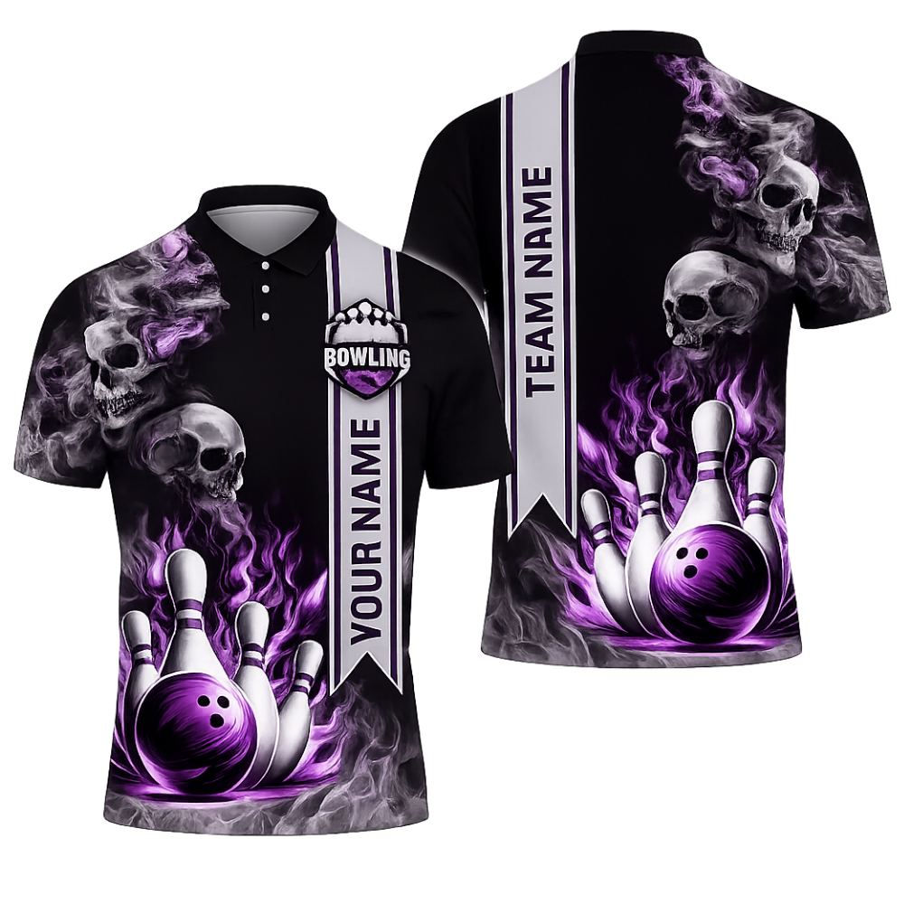 Custom Skull Blue Flame Men's Bowling Polo Shirt, Custom Skull Bowling Shirts For Team BZ0466