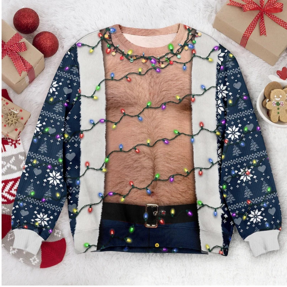Hairy Chest Santa Xmas Light 3D Sweatshirt For Men, Funny Christmas Sweatshirt 2D1055