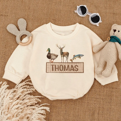 Personalized Mallard Duck Deer Fish Baby Romper Sweatshirt, Personalized Hunting Romper Sweatshirt For Baby BB0152