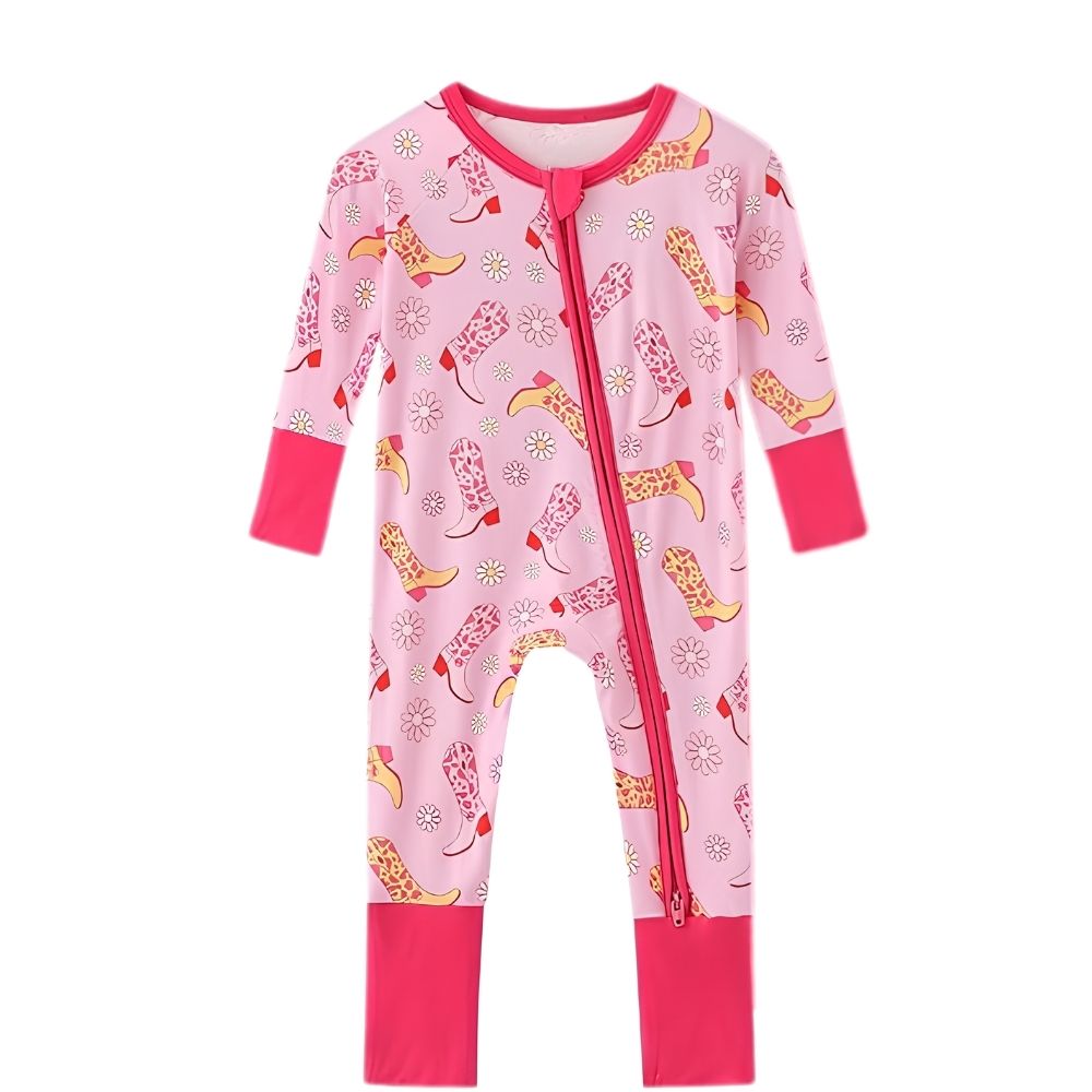 Boots Cowgirl Pink Baby Convertible Zipper Romper, Western Cowgirl Baby Romper Convertible BB0394