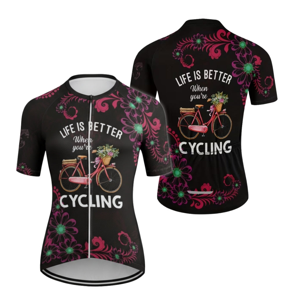Life Is Better When You're Cycling Women's Floral Cycling Short Sleeve Jersey, Women's Cycling Jerseys CE0021