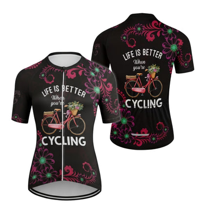 Life Is Better When You're Cycling Women's Floral Cycling Short Sleeve Jersey, Women's Cycling Jerseys CE0021