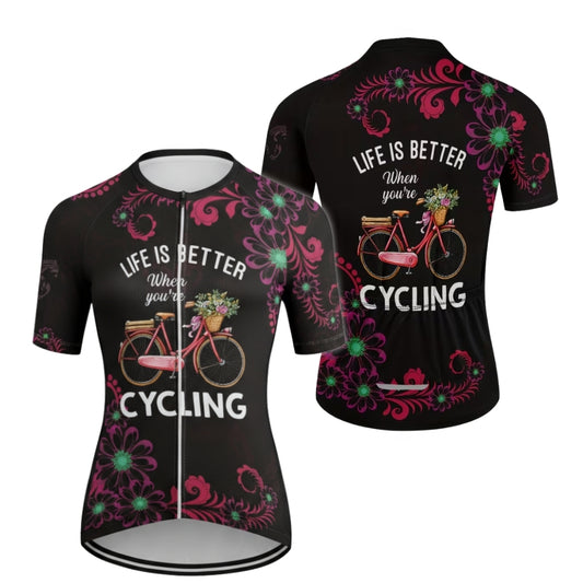 Life Is Better When You're Cycling Women's Floral Cycling Short Sleeve Jersey, Women's Cycling Jerseys CE0021