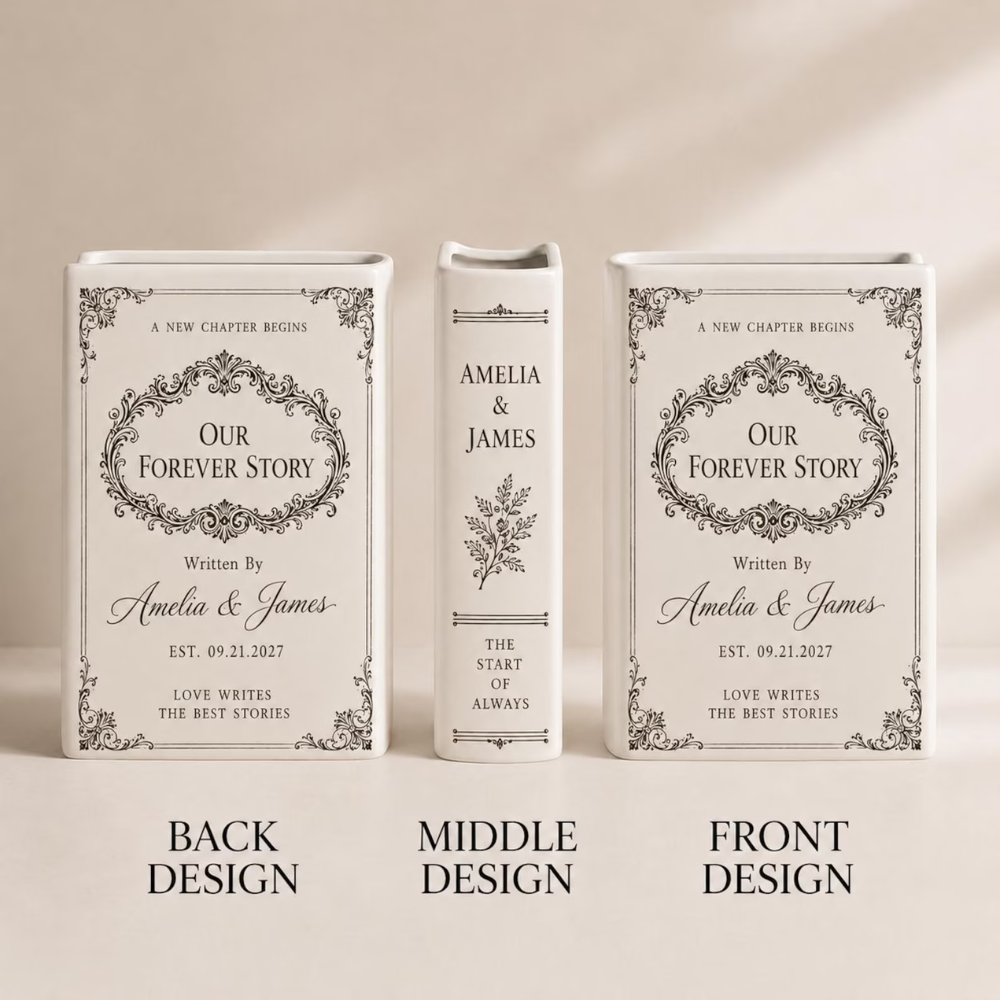 Our Forever Story Custom Couple Name Wedding Ceramic Book Vase, Custom Book Lover Wedding Vase WD0556