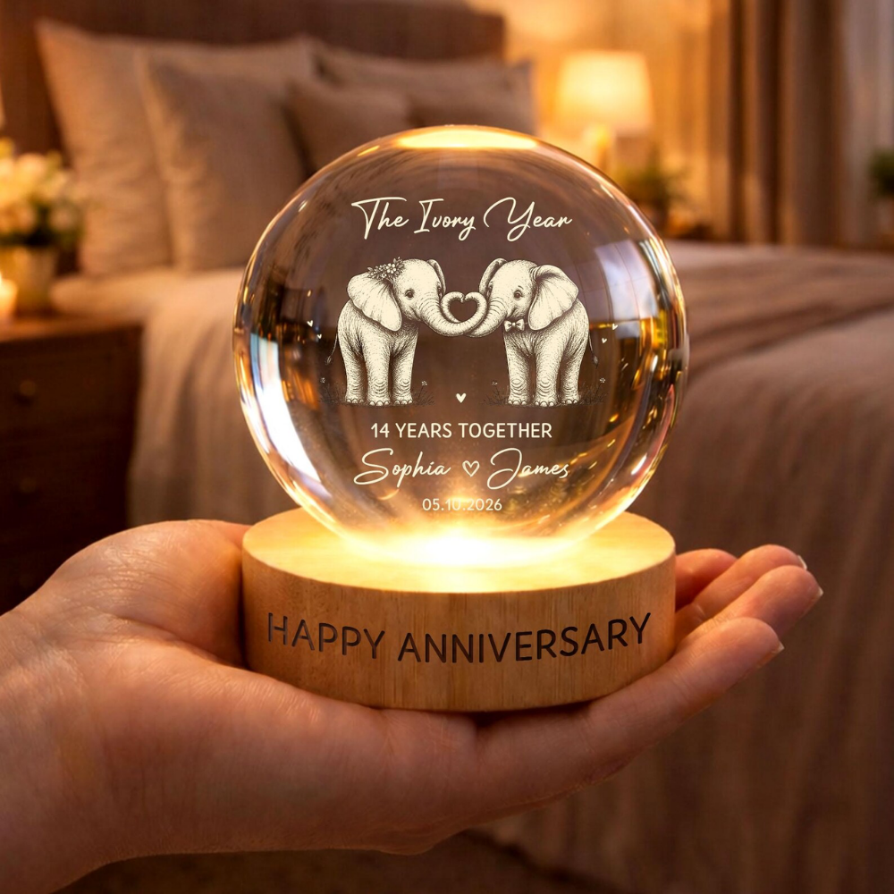 14 Years Together Custom Elephant Couple Crystal Ball Led Night Light, Custom 14th Wedding Night Light WD0902