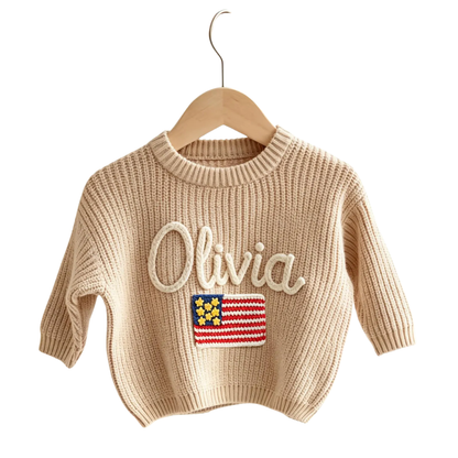 American Flag Custom Name Baby Embroidered Knit Sweater, Custom Patriotic Baby Sweatshirt BB0801