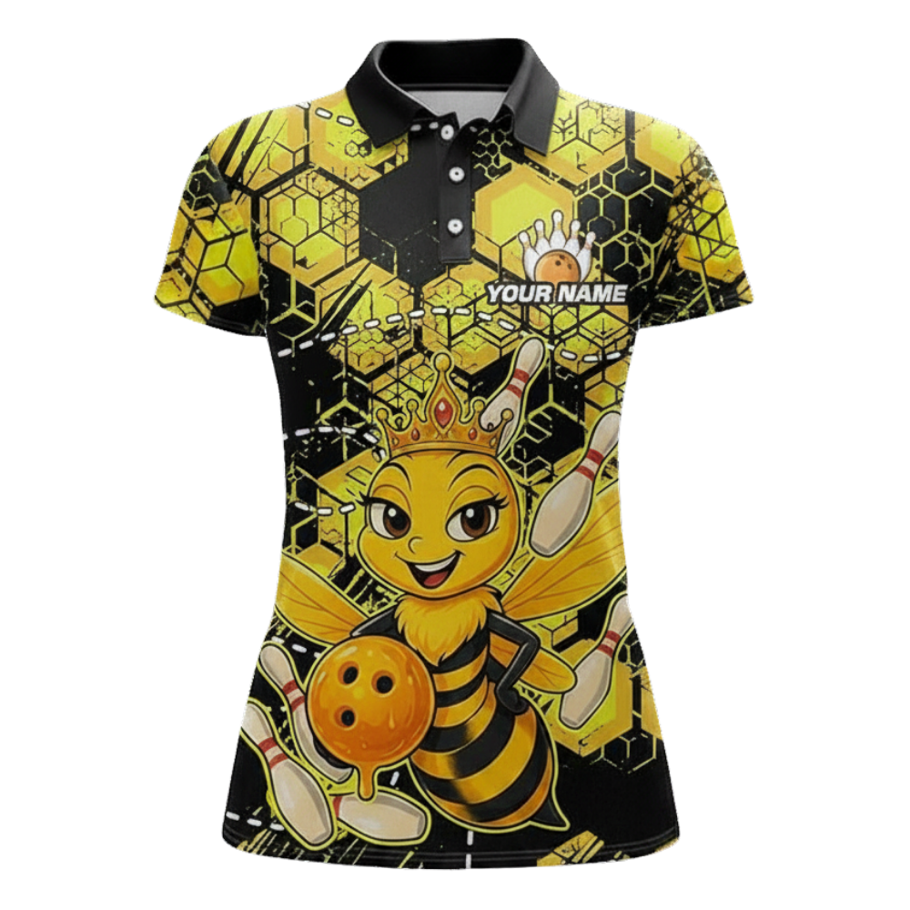 Custom Funny Bee Women's Bowling Polo Shirt, Black And Yellow Custom Bee Bowling Team Shirts BZ0540
