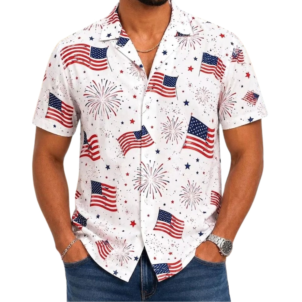American Flag Firework White Hawaiian Shirt For Men And Women, Patriotic 4th Of July Hawaiian Shirts HE0441