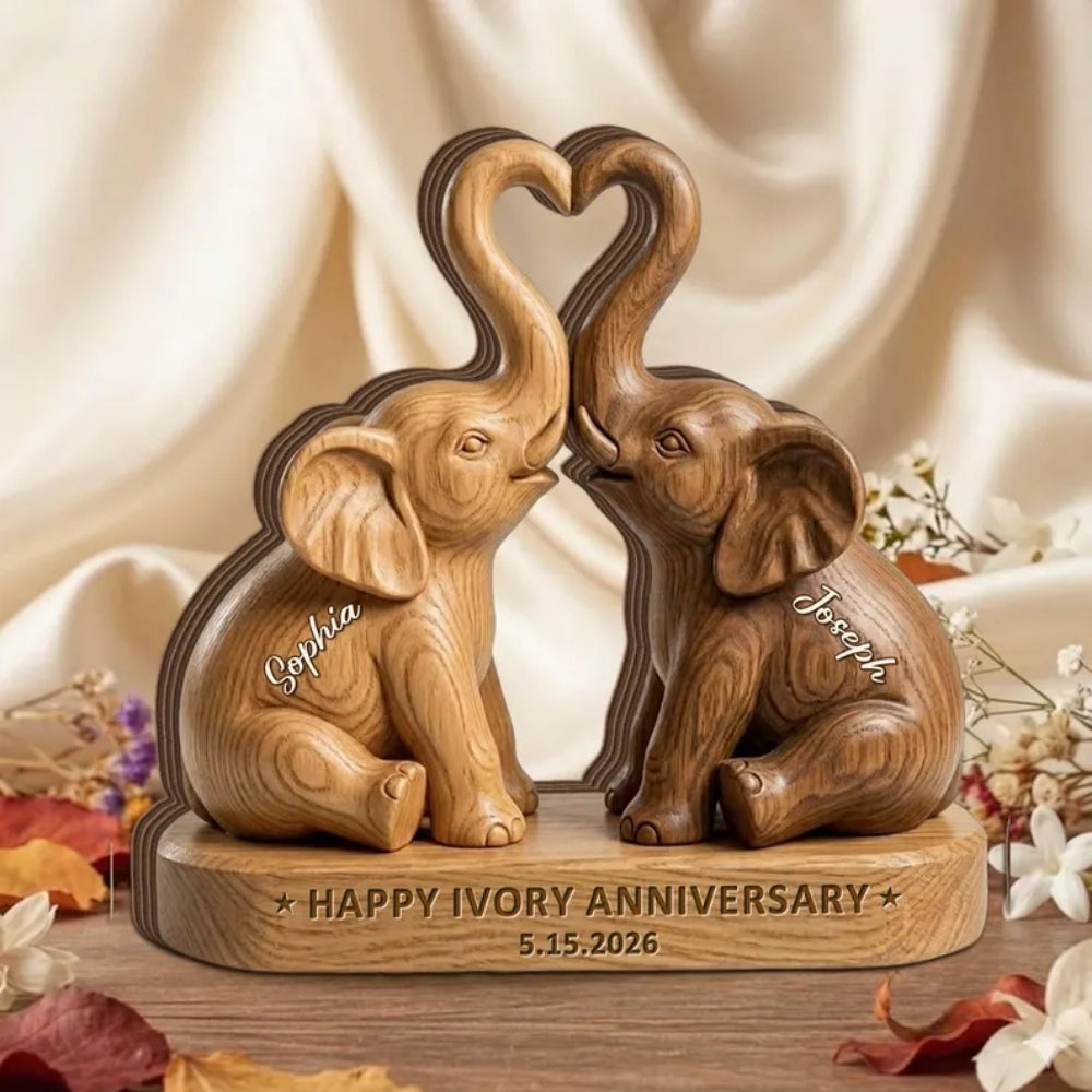 Custom Elephants Couple Wooden Block, Personalized Ivory Wedding Anniversary Keepsake Wooden Plaque WD0788