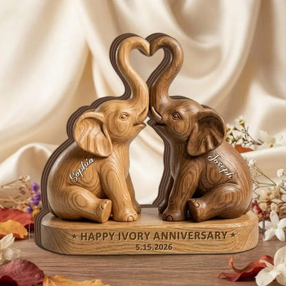 Custom Elephants Couple Wooden Block, Personalized Ivory Wedding Anniversary Keepsake Wooden Plaque WD0788