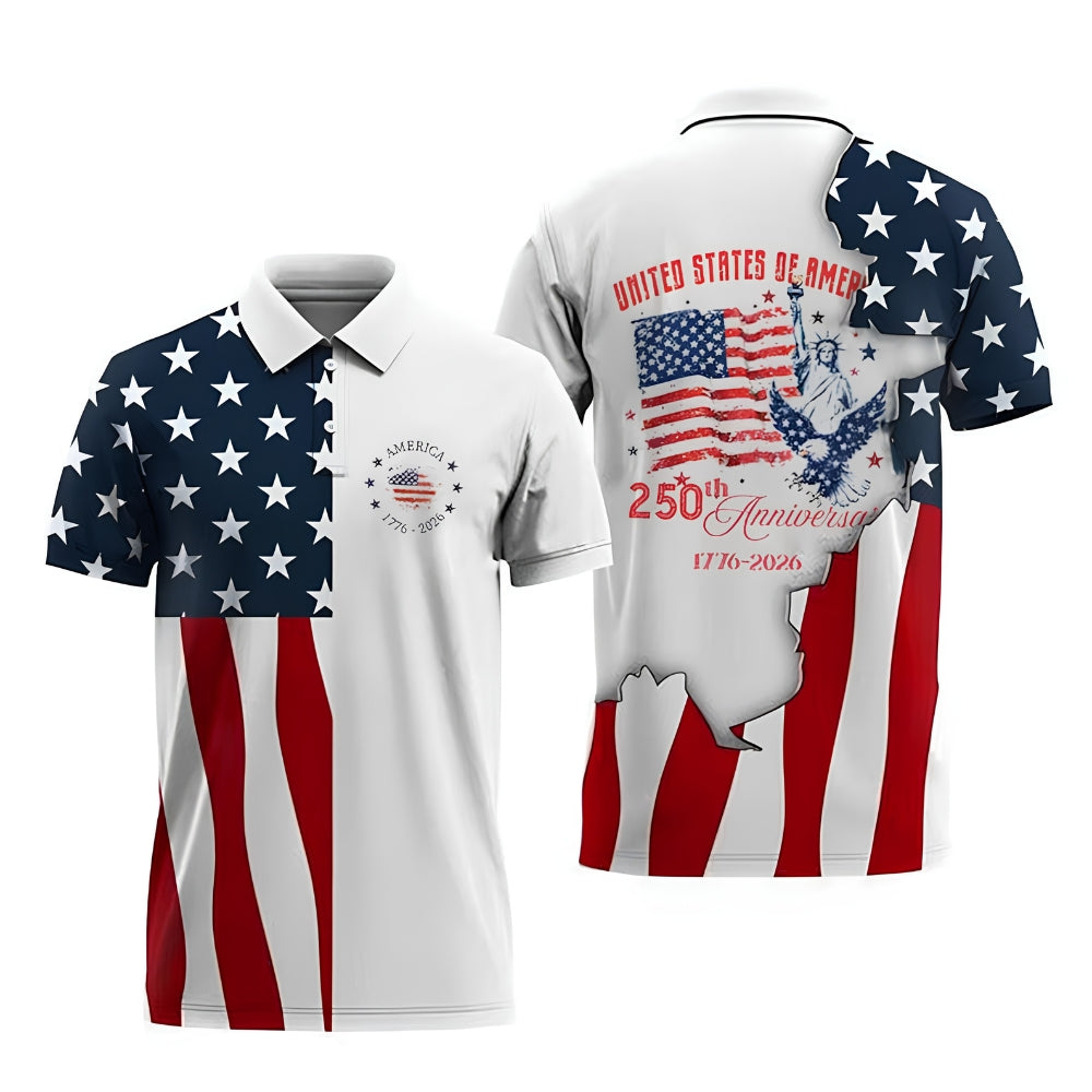 250th Anniversary American Flag Golf Men's Polo Shirt, Patriotic Golf Shirts For 4th Of July GE0400