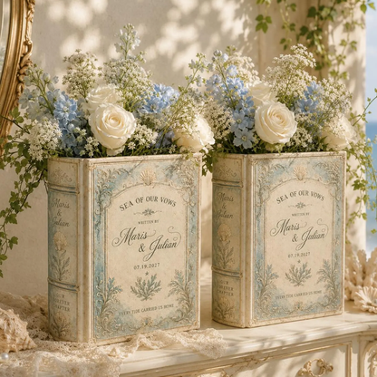 Custom Coastal Vintage Wedding Ceramic Book Vase, Custom Beach Destination Wedding Book Vase WD0595